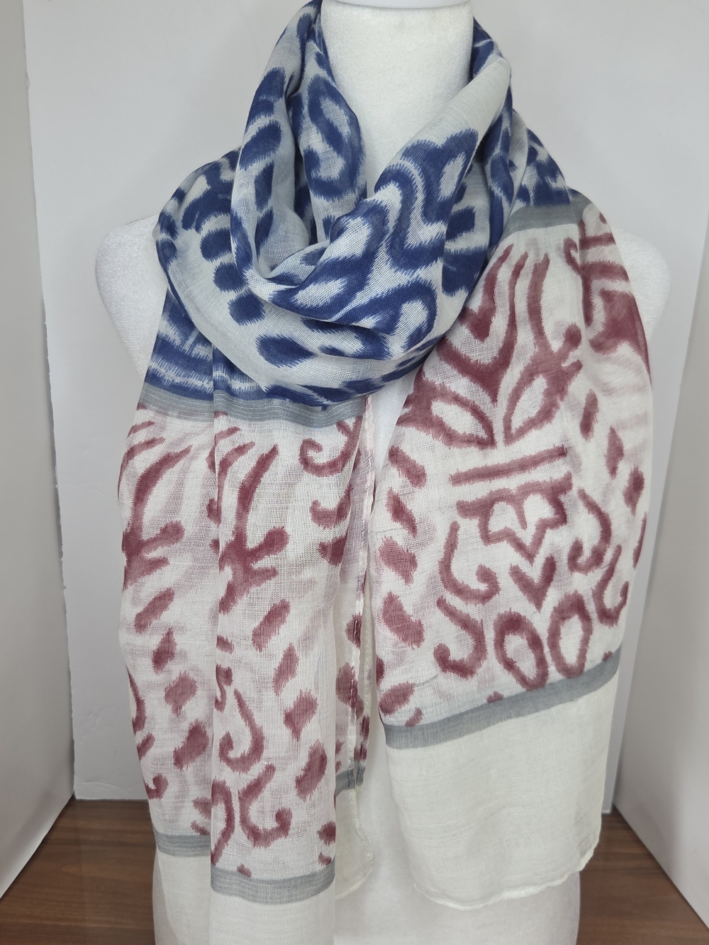 Lightweight Blue and Maroon Patterned Women's Scarf 68x26" Shawl Wrap